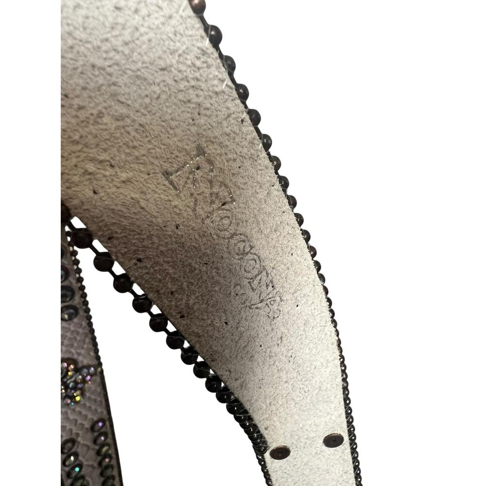Nocona Leather Belt Womens Large White Western Fleur De Lis Rhinestone Studded - Picture 7 of 8